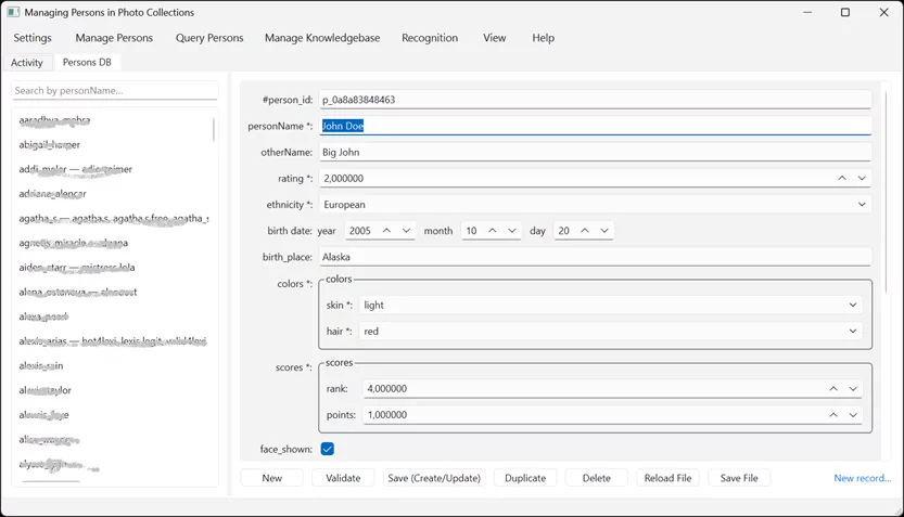 The Persons DB editor integrated as a tab in the main Person Recognition application.